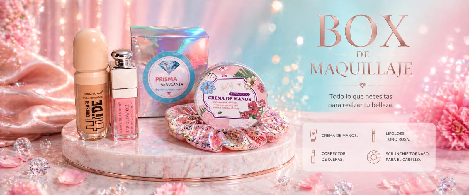 Box de maquillaje Prisma Araucanía — productos y texto promocional