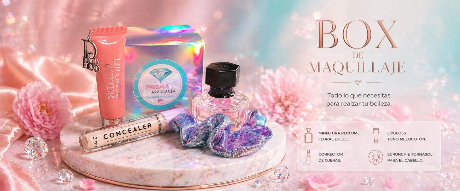 Box de maquillaje — mini perfume, corrector, lipgloss y scrunchie